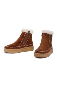 بوت تدی جیر زنانه قهوه‌ای زیپ‌دار زیره ضخیم دری‌مد