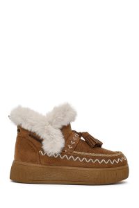 بوت تدی جیر زنانه قهوه‌ای منگوله‌دار لژدار دری مد