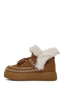 بوت تدی جیر زنانه قهوه‌ای منگوله‌دار لژدار دری مد