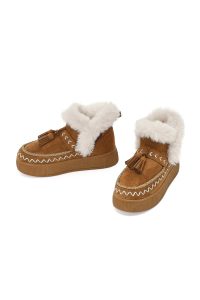 بوت تدی جیر زنانه قهوه‌ای منگوله‌دار لژدار دری مد