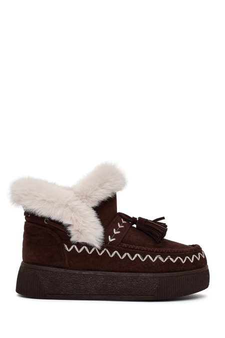 بوت تدی جیر زنانه قهوه‌ای منگوله‌دار لژدار دری مد