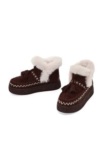 بوت تدی جیر زنانه قهوه‌ای منگوله‌دار لژدار دری مد