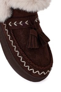 بوت تدی جیر زنانه قهوه‌ای منگوله‌دار لژدار دری مد