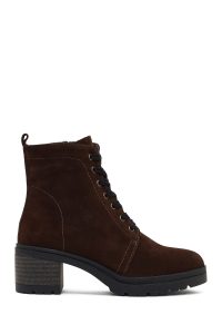 بوت جیر زنانه قهوه‌ای زیپ‌دار پاشنه ضخیم دری مد