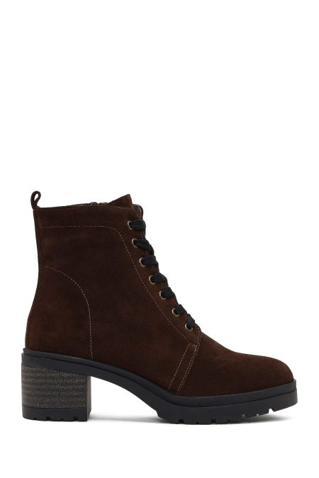 بوت جیر زنانه قهوه‌ای زیپ‌دار پاشنه ضخیم دری مد