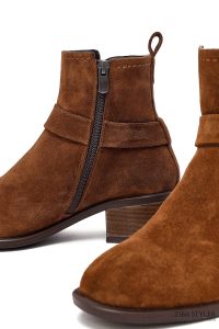 بوت زنانه جیر قهوه ای پاشنه کوتاه زیپ دار دری مد