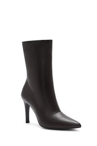 بوت زنانه قهوه‌ای چرمی پاشنه باریک زیپ‌دار دری مد