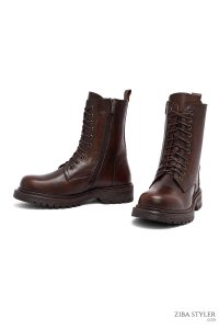 بوت زنانه چرمی قهوه‌ای زیپ‌دار دری مد