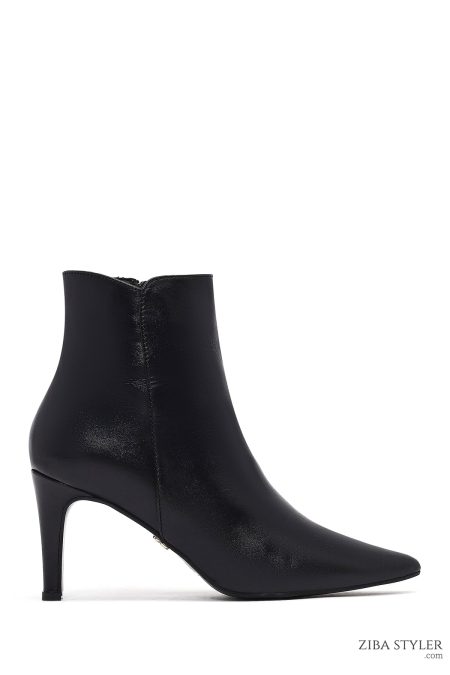 بوت زنانه چرمی مشکی پاشنه نازک زیپ دار دری مد