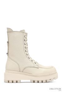 بوت پستال زنانه چرمی بژ کفی ضخیم زیپ دار دری مد