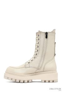 بوت پستال زنانه چرمی بژ کفی ضخیم زیپ دار دری مد