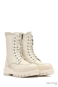 بوت پستال زنانه چرمی بژ کفی ضخیم زیپ دار دری مد