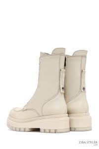 بوت پستال زنانه چرمی بژ کفی ضخیم زیپ دار دری مد