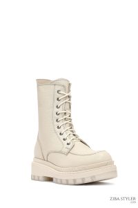 بوت پستال زنانه چرمی بژ کفی ضخیم زیپ دار دری مد