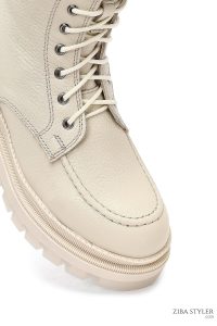 بوت پستال زنانه چرمی بژ کفی ضخیم زیپ دار دری مد