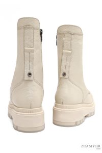 بوت پستال زنانه چرمی بژ کفی ضخیم زیپ دار دری مد