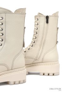 بوت پستال زنانه چرمی بژ کفی ضخیم زیپ دار دری مد