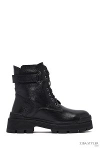 بوت پستال زنانه چرمی مشکی بند دار زیپ دار کفی ضخیم دری مد