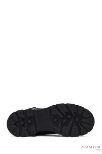 بوت پستال زنانه چرمی مشکی بند دار زیپ دار کفی ضخیم دری مد