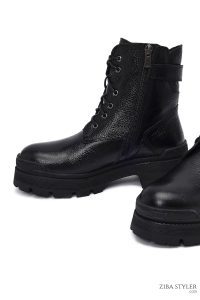 بوت پستال زنانه چرمی مشکی بند دار زیپ دار کفی ضخیم دری مد