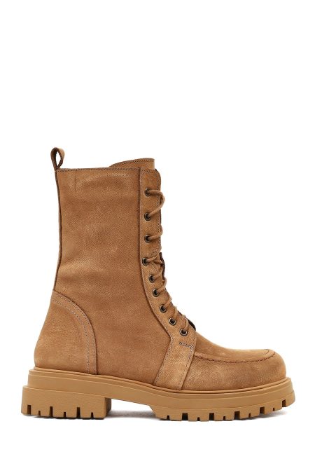 بوت پستچی نبوک زنانه قهوه‌ای زیپ‌دار زیره ضخیم دری‌مد