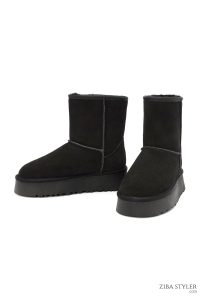 بوت چرمی جیر با کفی ضخیم خز مشکی زنانه دری مد