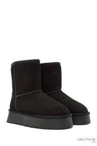 بوت چرمی جیر با کفی ضخیم خز مشکی زنانه دری مد