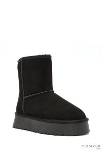 بوت چرمی جیر با کفی ضخیم خز مشکی زنانه دری مد