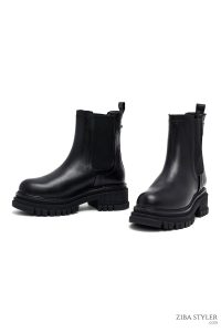 بوت چلسی زنانه چرمی مشکی زیره‌ضخیم دری مد