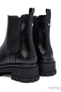 بوت چلسی زنانه چرمی مشکی زیره‌ضخیم دری مد