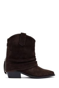 بوت کابویی جیر زنانه قهوه‌ای پاشنه ضخیم کوتاه دری‌مد