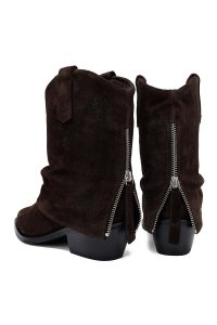 بوت کابویی جیر زنانه قهوه‌ای پاشنه ضخیم کوتاه دری‌مد