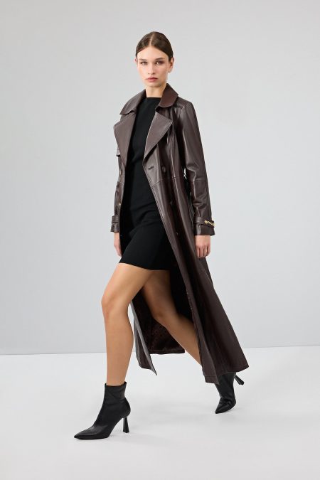 ترنچ کت چرمی زنانه قهوه ای کمربنددار Jenny X دری مد