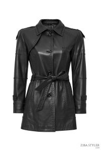 ترنچ کت چرمی زنانه مشکی کمربنددار Annamaria دری مد