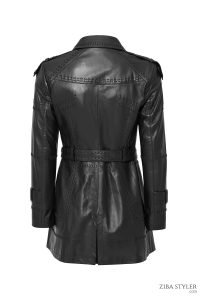 ترنچ کت چرمی زنانه مشکی کمربنددار Annamaria دری مد