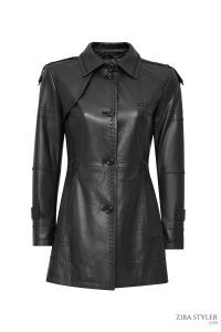 ترنچ کت چرمی زنانه مشکی کمربنددار Annamaria دری مد