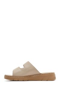 دمپایی راحتی زنانه چرم بژ دو بندی دری مد