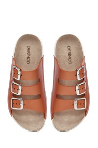 دمپایی راحتی زنانه چرم فلزی نارنجی سگک‌دار دری مد