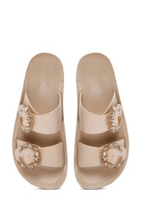 دمپایی زنانه بژ سگک‌دار نگین‌دار دری مد