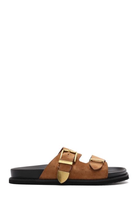 دمپایی زنانه جیر قهوه‌ای روشن سگک‌دار دری مد