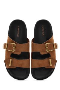 دمپایی زنانه جیر قهوه‌ای روشن سگک‌دار دری مد