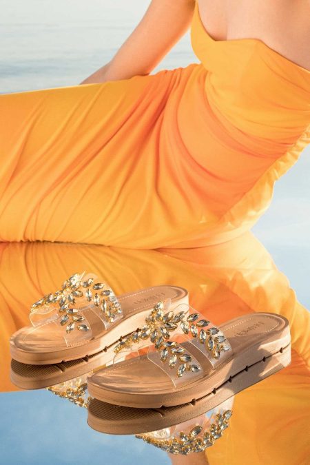 دمپایی زنانه طلایی نگین‌دار دری مد