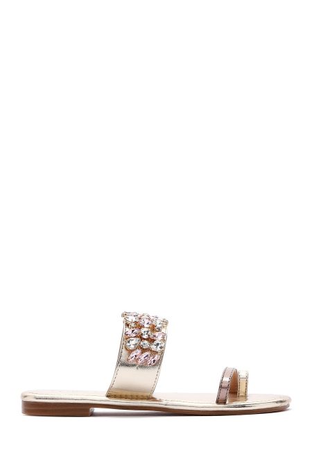 دمپایی زنانه طلایی نگین‌دار لاانگشتی دری مد