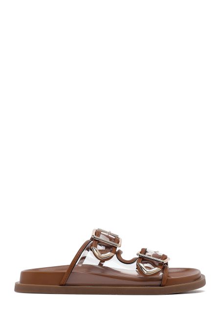 دمپایی زنانه قهوه‌ای دو سگکه دری مد