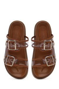 دمپایی زنانه قهوه‌ای دو سگکه دری مد