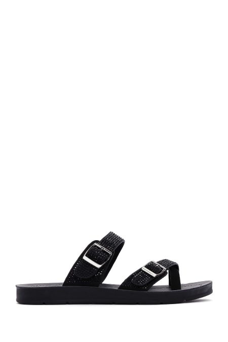 دمپایی زنانه مشکی سگک‌دار نگین‌دار دری مد