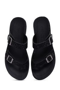 دمپایی زنانه مشکی سگک‌دار نگین‌دار دری مد