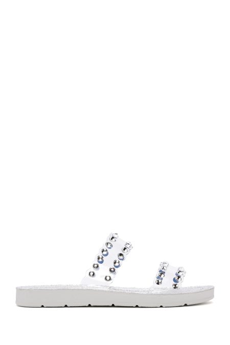 دمپایی زنانه نقره‌ای شفاف نگین‌دار دری مد