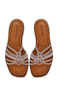 دمپایی زنانه چرم صورتی نگین‌دار دری مد