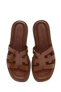 دمپایی زنانه چرمی قهوه‌ای دری مد